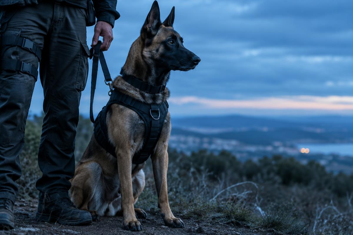 A Belgian Malinois working dog in a harness sitting beside its handler
